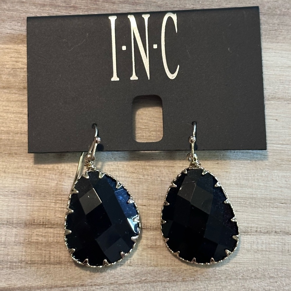 INC International Concepts Black Faceted Teardrop Drop 1.5" Earrings Gold Tone